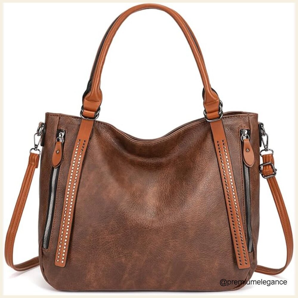 Large Vegan Leather Tote Bag with Adjustable Strap, Laptop Compatible
